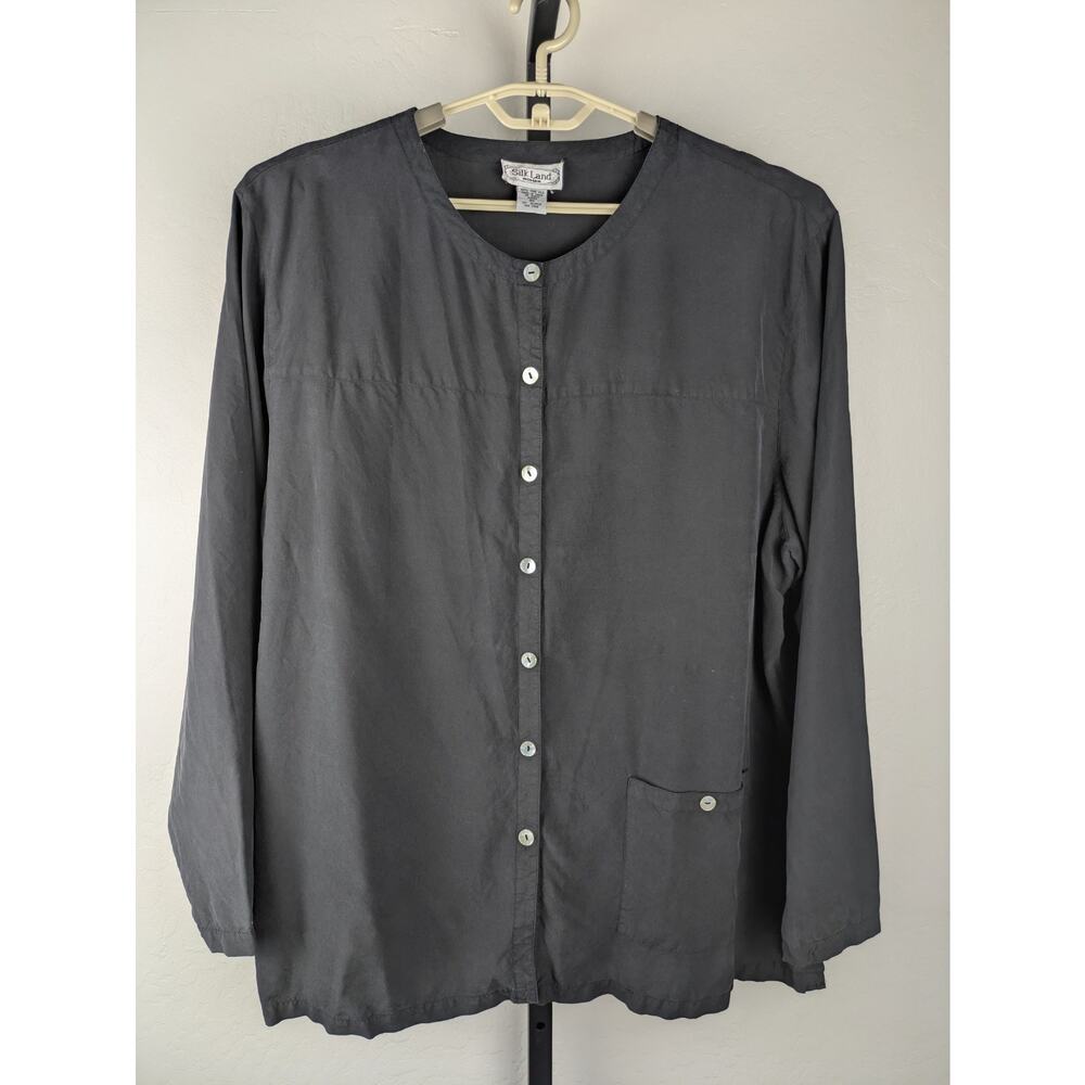 Vintage Silk Land Black long sleeve button front blouse 100% pure silk